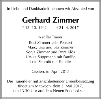 Traueranzeige von Gerhard Zimmer von  Gießener Anzeiger