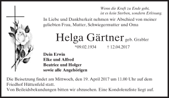Traueranzeige von Helga Gärtner von Trauerportal Echo Online