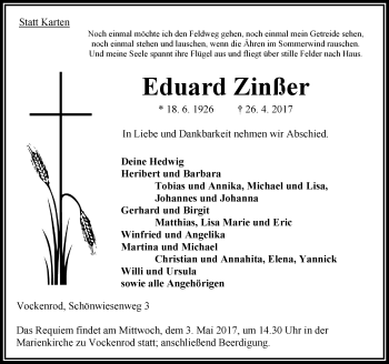 Traueranzeige von Eduard Zinßer von VRM Trauer