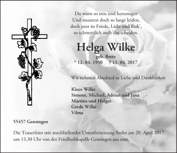 Traueranzeige von Helga Wilke von Trauerportal Rhein Main Presse