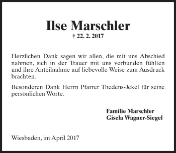 Traueranzeige von Ilse Marschler von Trauerportal Rhein Main Presse