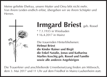 Traueranzeige von Irmgard Briest von Trauerportal Rhein Main Presse