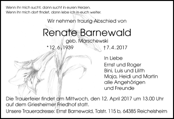 Traueranzeige von Renate Barnewald von Trauerportal Echo Online