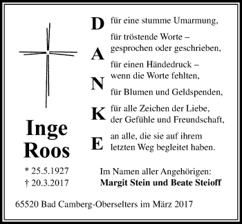 Traueranzeige von Inge Roos von  Camberger Anzeiger