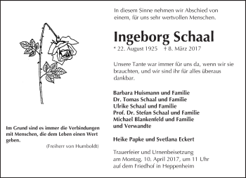 Traueranzeige von Ingeborg Schaal von Trauerportal Echo Online