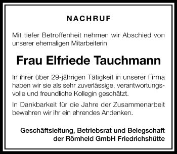 Traueranzeige von Elfriede Tauchmann von  Kreisanzeiger