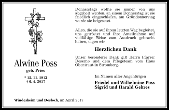 Traueranzeige von Alwine Poss von Trauerportal Rhein Main Presse