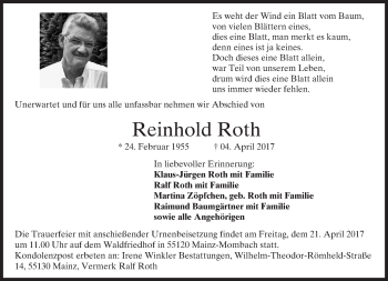 Traueranzeige von Reinhold Roth von Trauerportal Rhein Main Presse