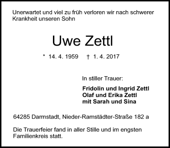 Traueranzeige von Uwe Zettl von Trauerportal Echo Online