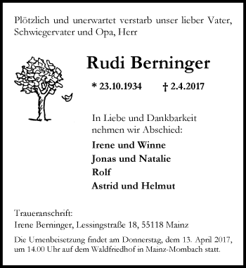 Traueranzeige von Rudi Berninger von Trauerportal Rhein Main Presse