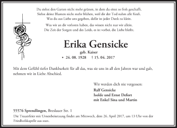Traueranzeige von Erika Gensicke von Trauerportal Rhein Main Presse