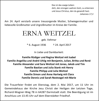 Traueranzeige von Erna Weitzel von Trauerportal Echo Online