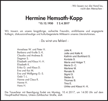 Traueranzeige von Hermine Hemsath-Kapp von Trauerportal Rhein Main Presse