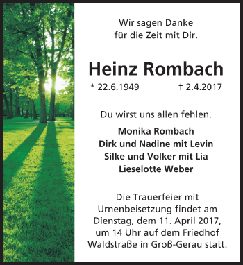 Traueranzeige von Heinz Rombach von Trauerportal Echo Online