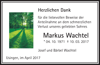 Traueranzeige von Markus Wachtel von  Usinger Anzeiger