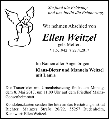 Traueranzeige von Ellen Weitzel von Trauerportal Rhein Main Presse