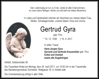 Traueranzeige von Gertrud Gyra von VRM Trauer