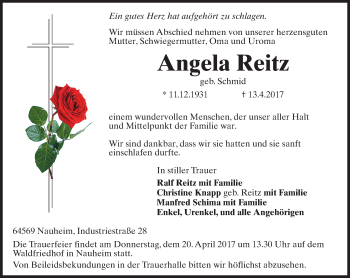 Traueranzeige von Angela Reitz von Trauerportal Rhein Main Presse