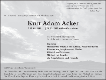 Traueranzeige von Kurt Adam Acker von Trauerportal Rhein Main Presse