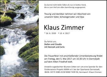 Traueranzeige von Klaus Zimmer von Trauerportal Echo Online
