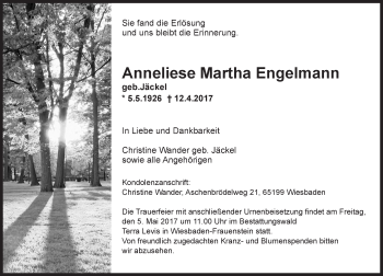 Traueranzeige von Anneliese Martha Engelmann von Trauerportal Rhein Main Presse