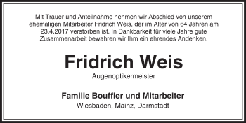 Traueranzeige von Fridrich Weis von Trauerportal Echo Online