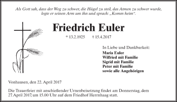Traueranzeige von Friedrich Euler von  Kreisanzeiger