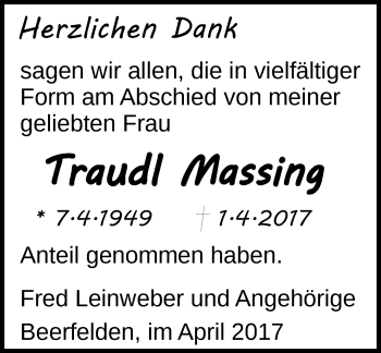 Traueranzeige von Traudl Massing von Trauerportal Echo Online