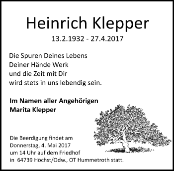 Traueranzeige von Heinrich Klepper von Trauerportal Echo Online