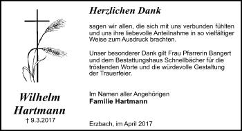 Traueranzeige von Wilhelm Hartmann von Trauerportal Echo Online