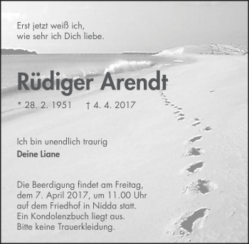Traueranzeige von Rüdiger Arendt von  Kreisanzeiger