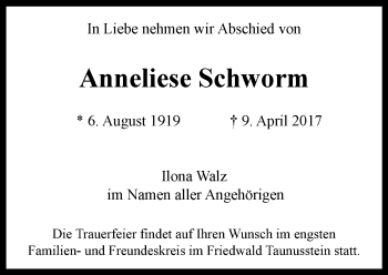Traueranzeige von Anneliese Schworm von Trauerportal Rhein Main Presse