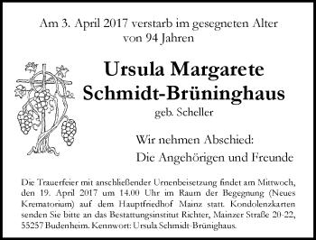 Traueranzeige von Ursula Margarete Schmidt-Brüninghaus von Trauerportal Rhein Main Presse