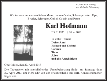 Traueranzeige von Karl Hofmann von VRM Trauer