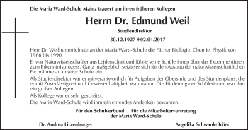 Traueranzeige von Edmund Weil von Trauerportal Rhein Main Presse