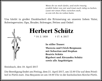 Traueranzeige von Herbert Schütz von Trauerportal Echo Online