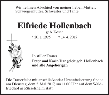 Traueranzeige von Elfriede Hollenbach von Trauerportal Rhein Main Presse