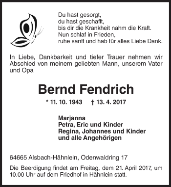 Traueranzeige von Bernd Fendrich von Trauerportal Echo Online