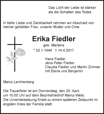 Traueranzeige von Erika Fiedler von Trauerportal Rhein Main Presse