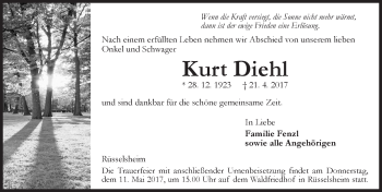 Traueranzeige von Kurt Diehl von Trauerportal Rhein Main Presse