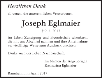 Traueranzeige von Joseph Eglmaier von Trauerportal Rhein Main Presse