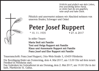 Traueranzeige von Peter Josef Ruppert von Trauerportal Rhein Main Presse