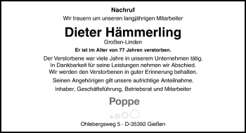 Traueranzeige von Dieter Hämmerling von  Gießener Anzeiger
