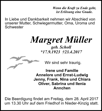 Traueranzeige von Margret Müller von Trauerportal Echo Online