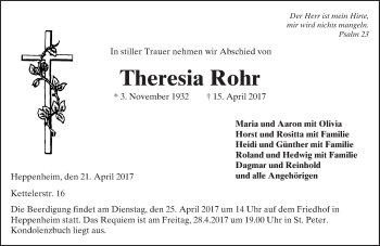 Traueranzeige von Theresia Rohr von Trauerportal Echo Online