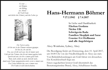 Traueranzeige von Hans-Hermann Böhmer von Trauerportal Rhein Main Presse
