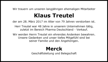 Traueranzeige von Klaus Treutel von Trauerportal Echo Online