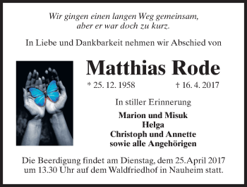 Traueranzeige von Matthias Rode von Trauerportal Rhein Main Presse