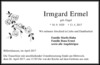 Traueranzeige von Irmgard Ermel von VRM Trauer