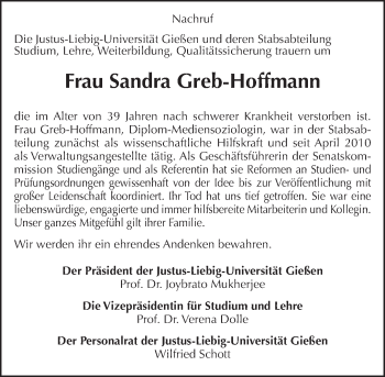 Traueranzeige von Sandra Greb-Hoffmann von  Gießener Anzeiger